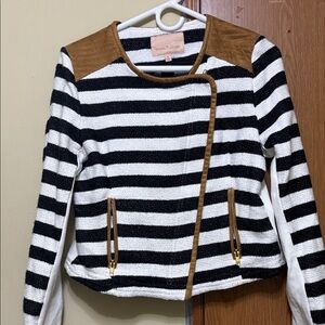 Gibson Latimer Black and White Striped Jacket with Brown Trim